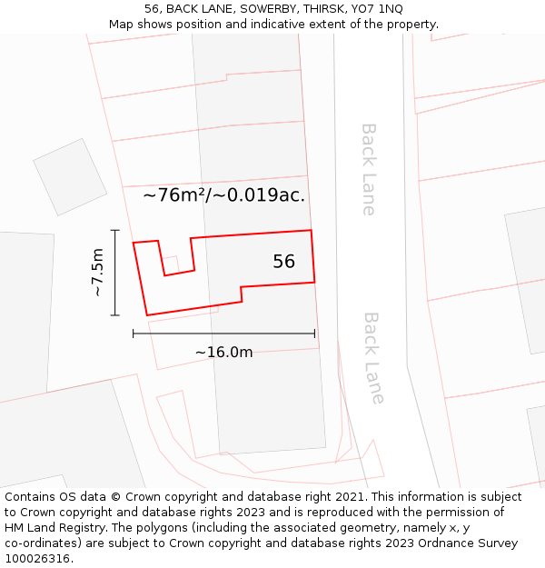 56, BACK LANE, SOWERBY, THIRSK, YO7 1NQ: Plot and title map