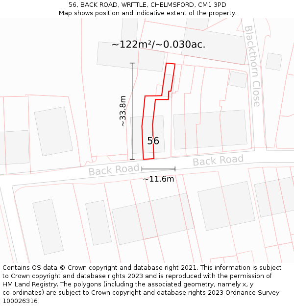 56, BACK ROAD, WRITTLE, CHELMSFORD, CM1 3PD: Plot and title map