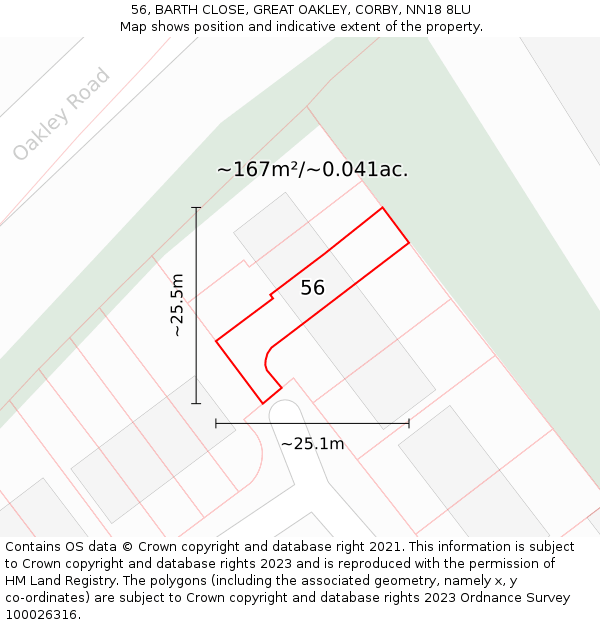 56, BARTH CLOSE, GREAT OAKLEY, CORBY, NN18 8LU: Plot and title map
