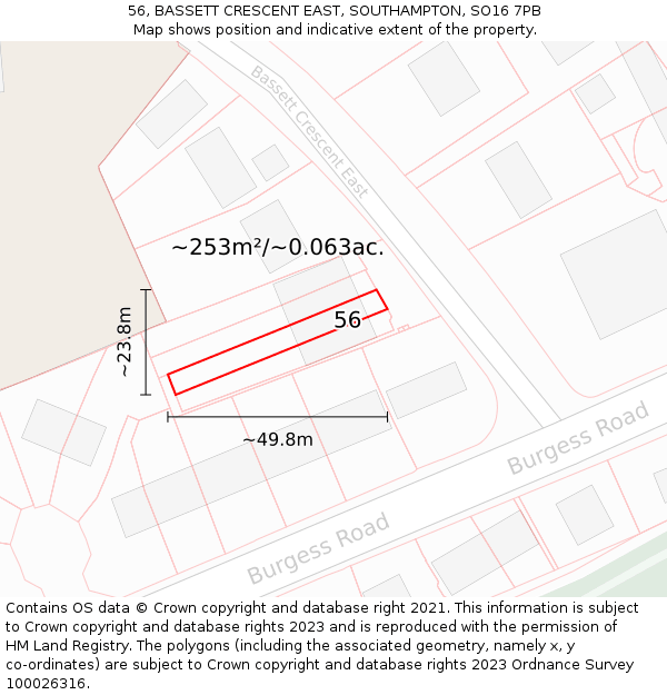 56, BASSETT CRESCENT EAST, SOUTHAMPTON, SO16 7PB: Plot and title map