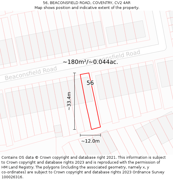 56, BEACONSFIELD ROAD, COVENTRY, CV2 4AR: Plot and title map