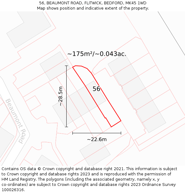 56, BEAUMONT ROAD, FLITWICK, BEDFORD, MK45 1WD: Plot and title map