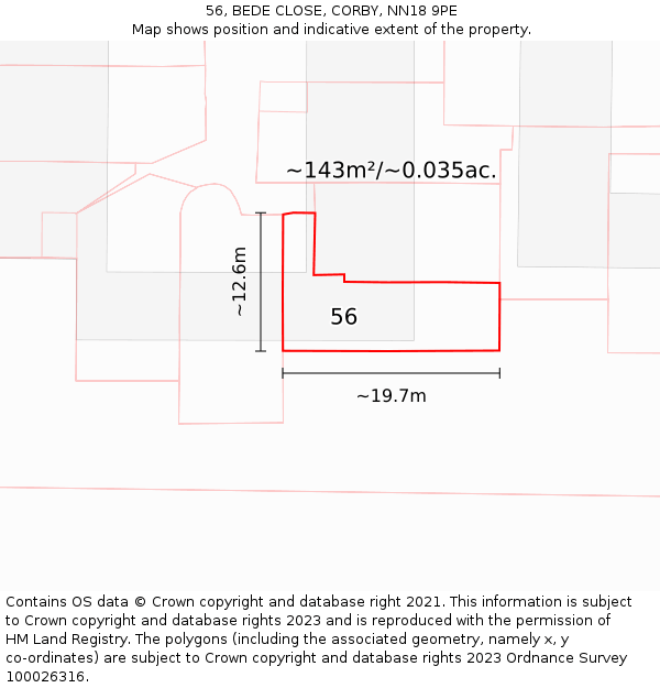56, BEDE CLOSE, CORBY, NN18 9PE: Plot and title map