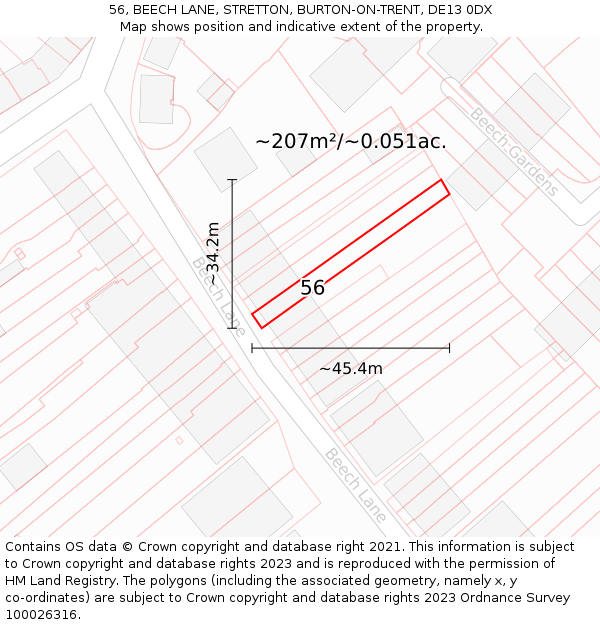 56, BEECH LANE, STRETTON, BURTON-ON-TRENT, DE13 0DX: Plot and title map