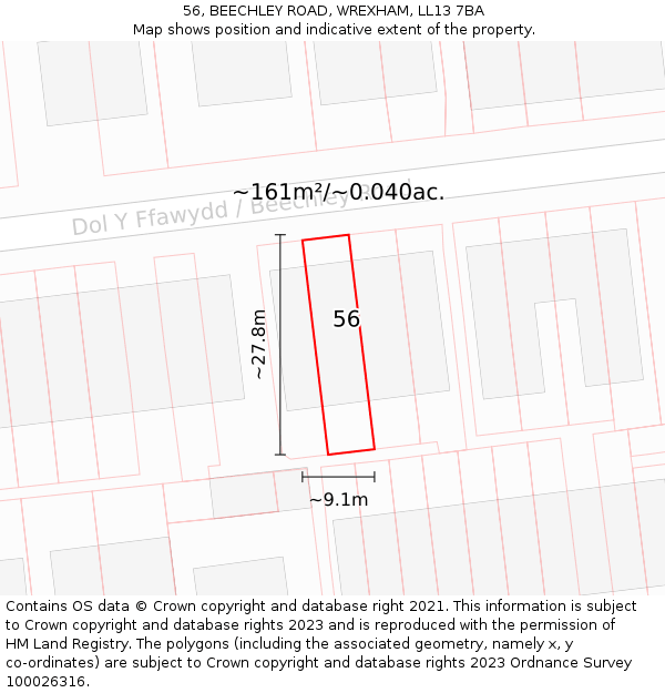 56, BEECHLEY ROAD, WREXHAM, LL13 7BA: Plot and title map