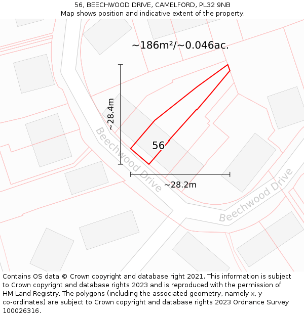 56, BEECHWOOD DRIVE, CAMELFORD, PL32 9NB: Plot and title map