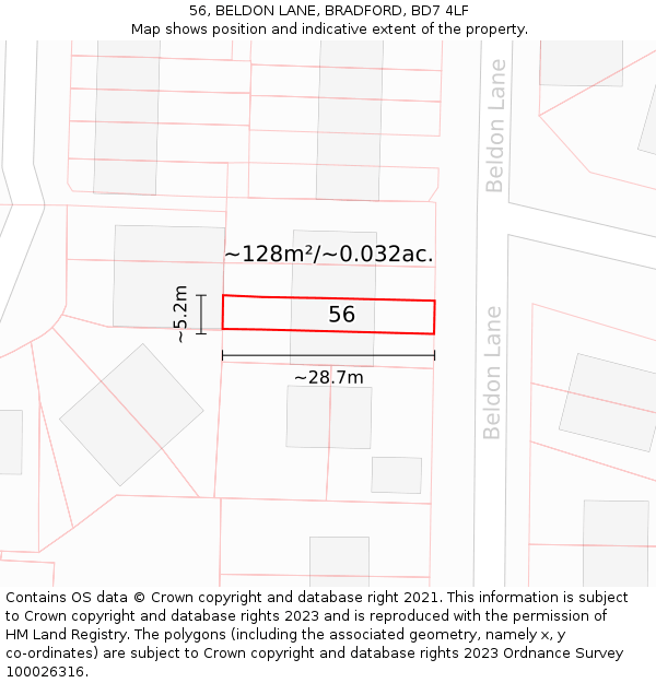56, BELDON LANE, BRADFORD, BD7 4LF: Plot and title map