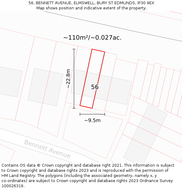 56, BENNETT AVENUE, ELMSWELL, BURY ST EDMUNDS, IP30 9EX: Plot and title map