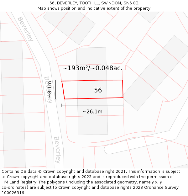 56, BEVERLEY, TOOTHILL, SWINDON, SN5 8BJ: Plot and title map