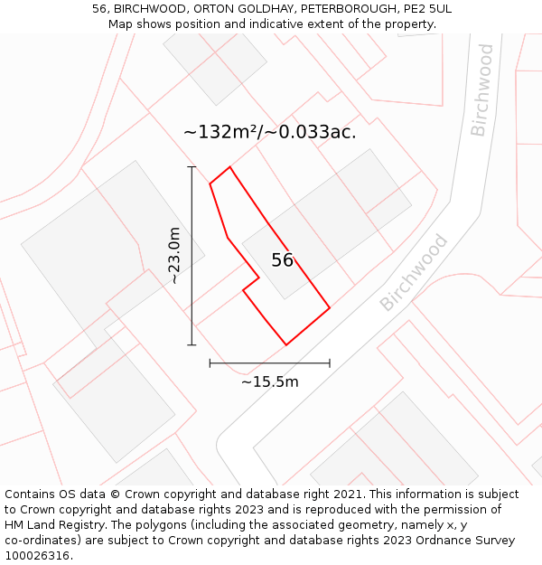 56, BIRCHWOOD, ORTON GOLDHAY, PETERBOROUGH, PE2 5UL: Plot and title map