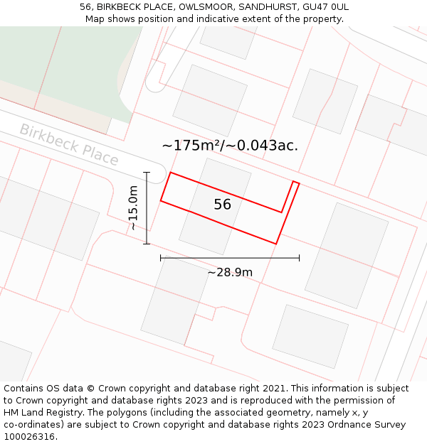 56, BIRKBECK PLACE, OWLSMOOR, SANDHURST, GU47 0UL: Plot and title map