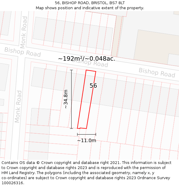 56, BISHOP ROAD, BRISTOL, BS7 8LT: Plot and title map
