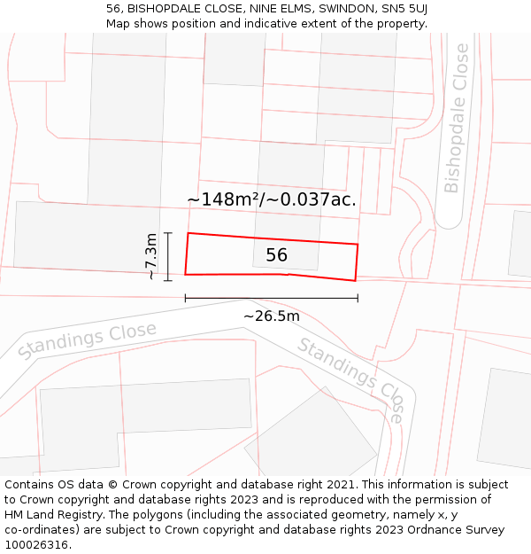 56, BISHOPDALE CLOSE, NINE ELMS, SWINDON, SN5 5UJ: Plot and title map
