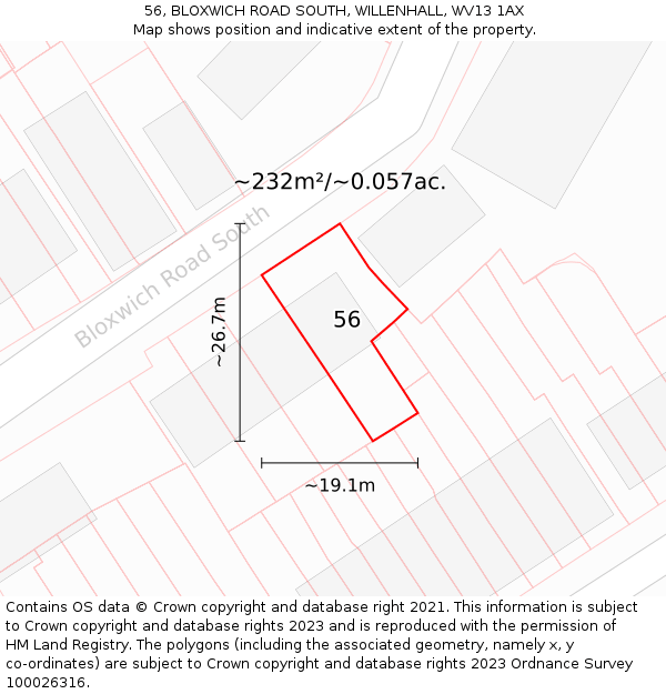56, BLOXWICH ROAD SOUTH, WILLENHALL, WV13 1AX: Plot and title map