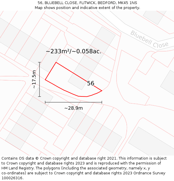 56, BLUEBELL CLOSE, FLITWICK, BEDFORD, MK45 1NS: Plot and title map