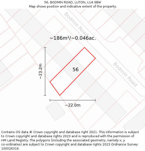 56, BODMIN ROAD, LUTON, LU4 9BW: Plot and title map
