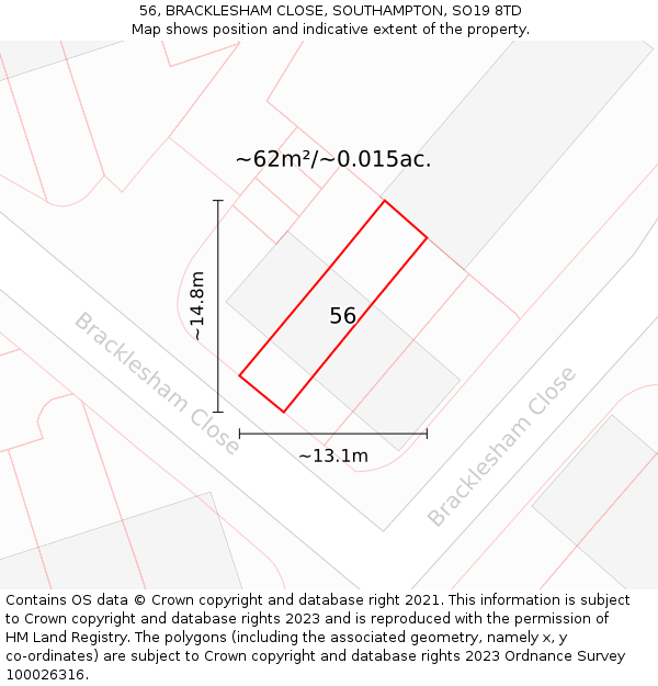 56, BRACKLESHAM CLOSE, SOUTHAMPTON, SO19 8TD: Plot and title map