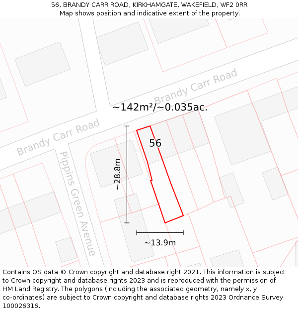 56, BRANDY CARR ROAD, KIRKHAMGATE, WAKEFIELD, WF2 0RR: Plot and title map