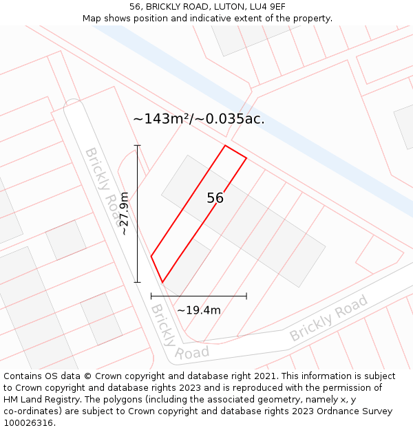56, BRICKLY ROAD, LUTON, LU4 9EF: Plot and title map
