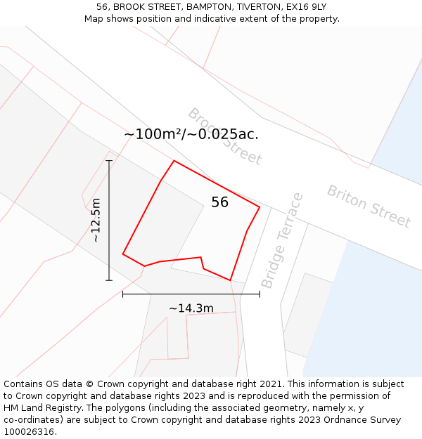 56, BROOK STREET, BAMPTON, TIVERTON, EX16 9LY: Plot and title map