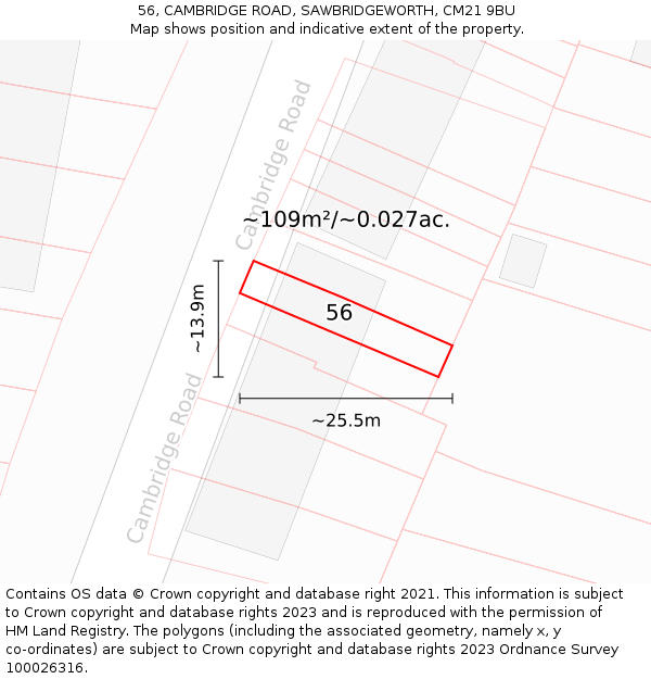 56, CAMBRIDGE ROAD, SAWBRIDGEWORTH, CM21 9BU: Plot and title map