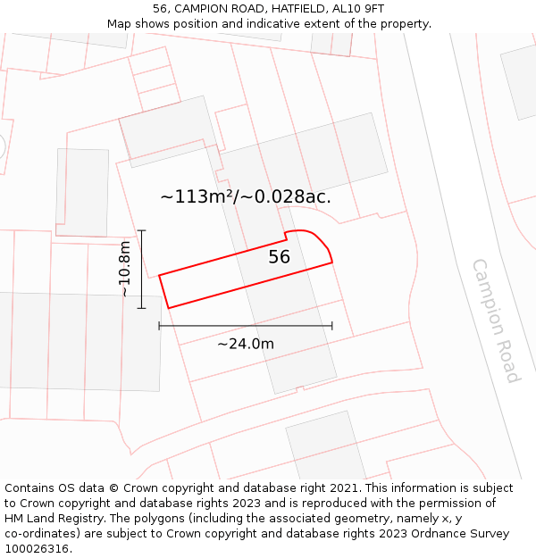 56, CAMPION ROAD, HATFIELD, AL10 9FT: Plot and title map