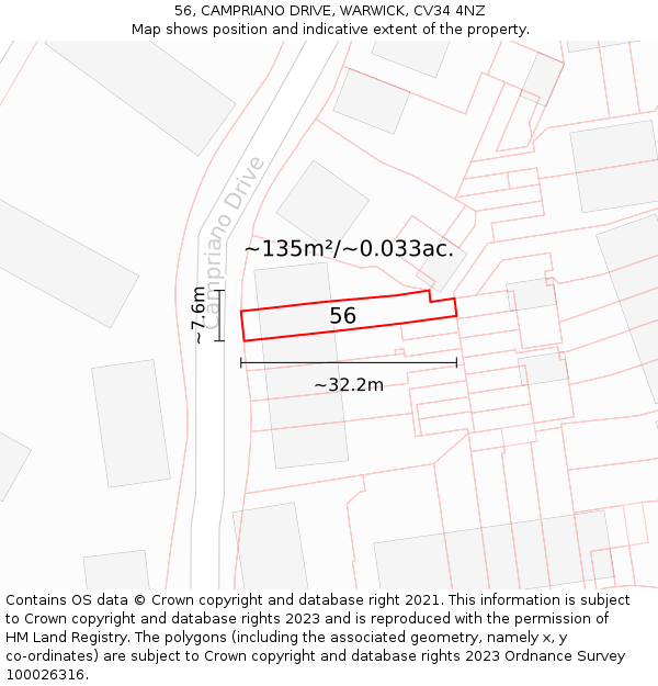 56, CAMPRIANO DRIVE, WARWICK, CV34 4NZ: Plot and title map