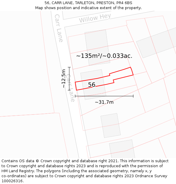 56, CARR LANE, TARLETON, PRESTON, PR4 6BS: Plot and title map