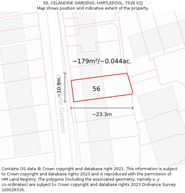56, CELANDINE GARDENS, HARTLEPOOL, TS26 0ZJ: Plot and title map