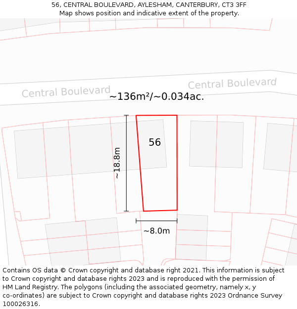 56, CENTRAL BOULEVARD, AYLESHAM, CANTERBURY, CT3 3FF: Plot and title map