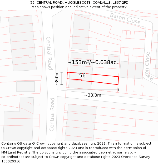 56, CENTRAL ROAD, HUGGLESCOTE, COALVILLE, LE67 2FD: Plot and title map