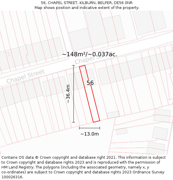 56, CHAPEL STREET, KILBURN, BELPER, DE56 0NR: Plot and title map
