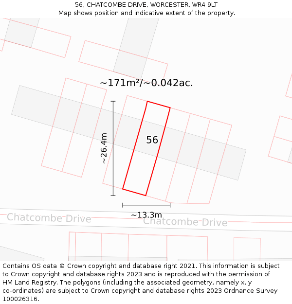 56, CHATCOMBE DRIVE, WORCESTER, WR4 9LT: Plot and title map
