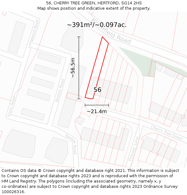 56, CHERRY TREE GREEN, HERTFORD, SG14 2HS: Plot and title map