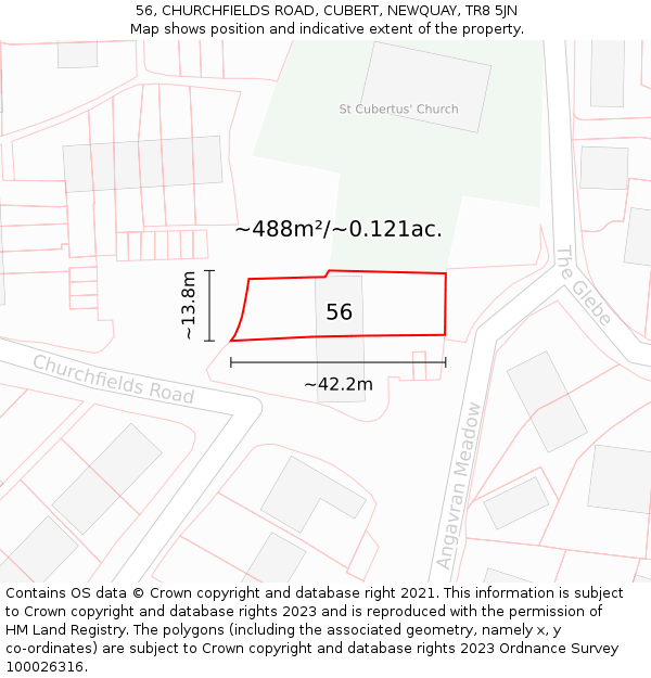 56, CHURCHFIELDS ROAD, CUBERT, NEWQUAY, TR8 5JN: Plot and title map