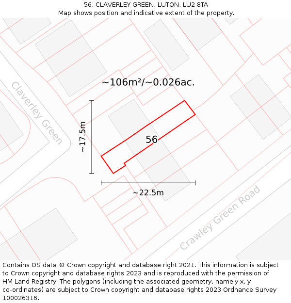 56, CLAVERLEY GREEN, LUTON, LU2 8TA: Plot and title map