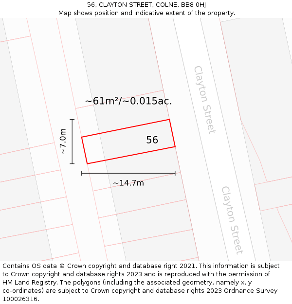 56, CLAYTON STREET, COLNE, BB8 0HJ: Plot and title map