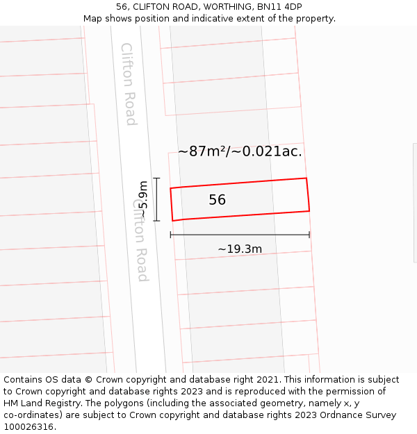 56, CLIFTON ROAD, WORTHING, BN11 4DP: Plot and title map