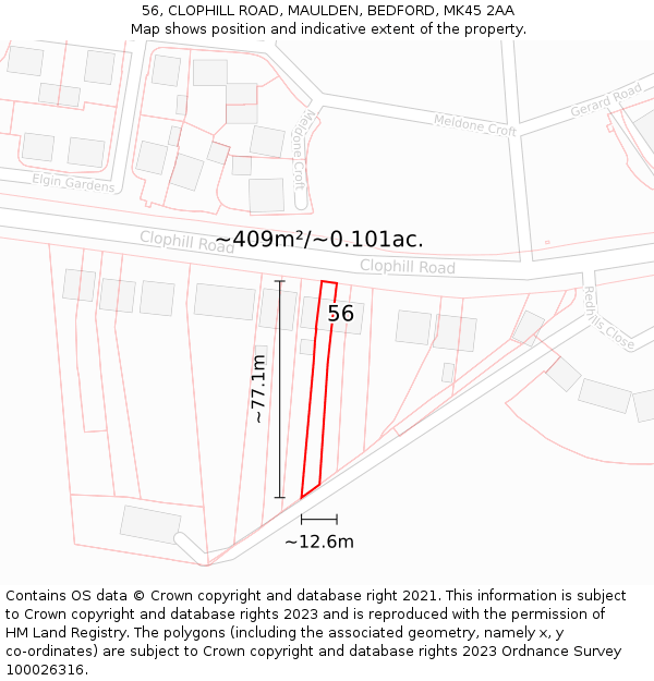 56, CLOPHILL ROAD, MAULDEN, BEDFORD, MK45 2AA: Plot and title map