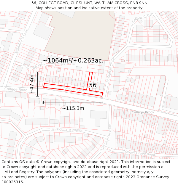 56, COLLEGE ROAD, CHESHUNT, WALTHAM CROSS, EN8 9NN: Plot and title map