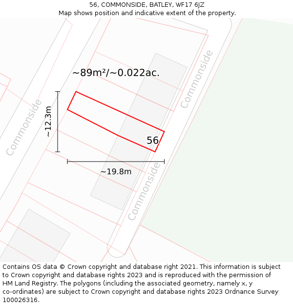 56, COMMONSIDE, BATLEY, WF17 6JZ: Plot and title map