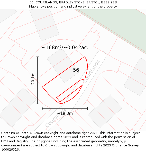 56, COURTLANDS, BRADLEY STOKE, BRISTOL, BS32 9BB: Plot and title map