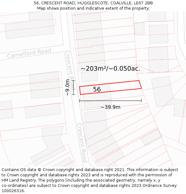 56, CRESCENT ROAD, HUGGLESCOTE, COALVILLE, LE67 2BB: Plot and title map