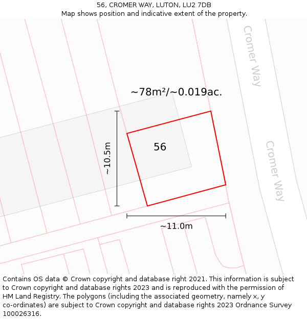 56, CROMER WAY, LUTON, LU2 7DB: Plot and title map