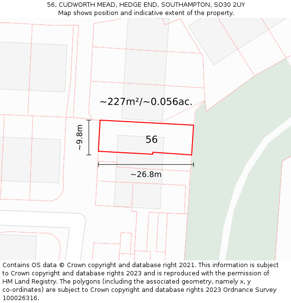 56, CUDWORTH MEAD, HEDGE END, SOUTHAMPTON, SO30 2UY: Plot and title map