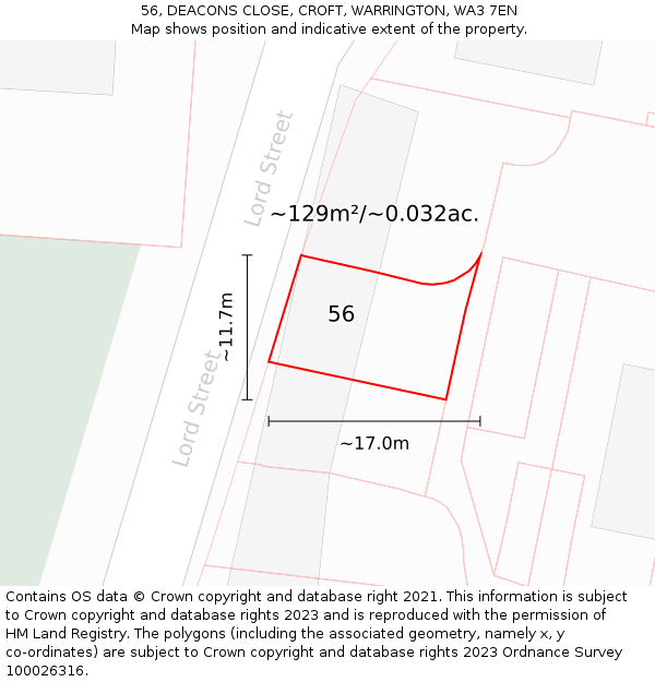 56, DEACONS CLOSE, CROFT, WARRINGTON, WA3 7EN: Plot and title map