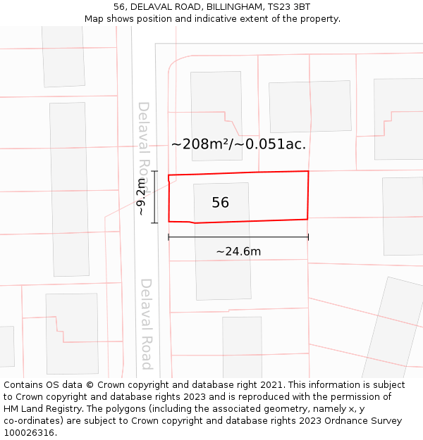 56, DELAVAL ROAD, BILLINGHAM, TS23 3BT: Plot and title map