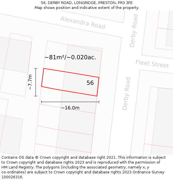 56, DERBY ROAD, LONGRIDGE, PRESTON, PR3 3FE: Plot and title map