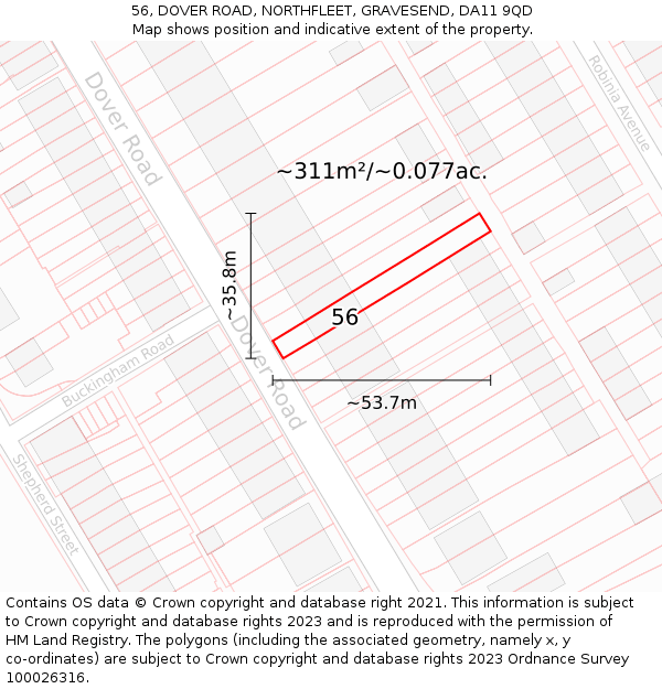 56, DOVER ROAD, NORTHFLEET, GRAVESEND, DA11 9QD: Plot and title map