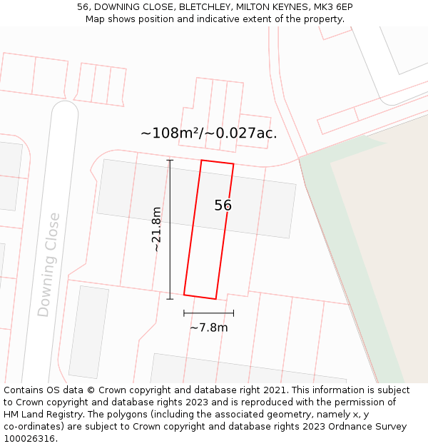 56, DOWNING CLOSE, BLETCHLEY, MILTON KEYNES, MK3 6EP: Plot and title map